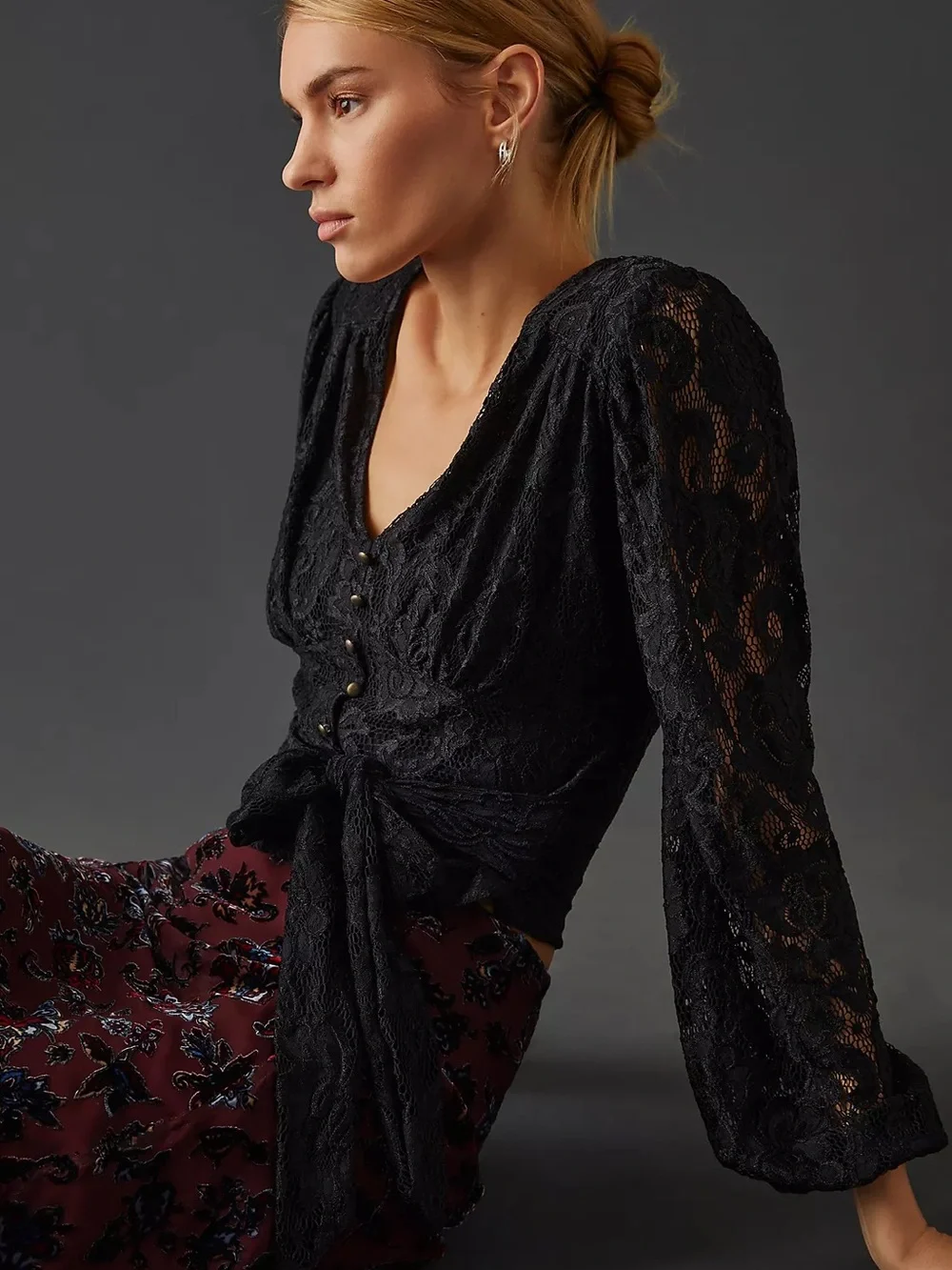 By Anthropologie Balloon-Sleeve Black Lace Tie Waist Blouse Size XS